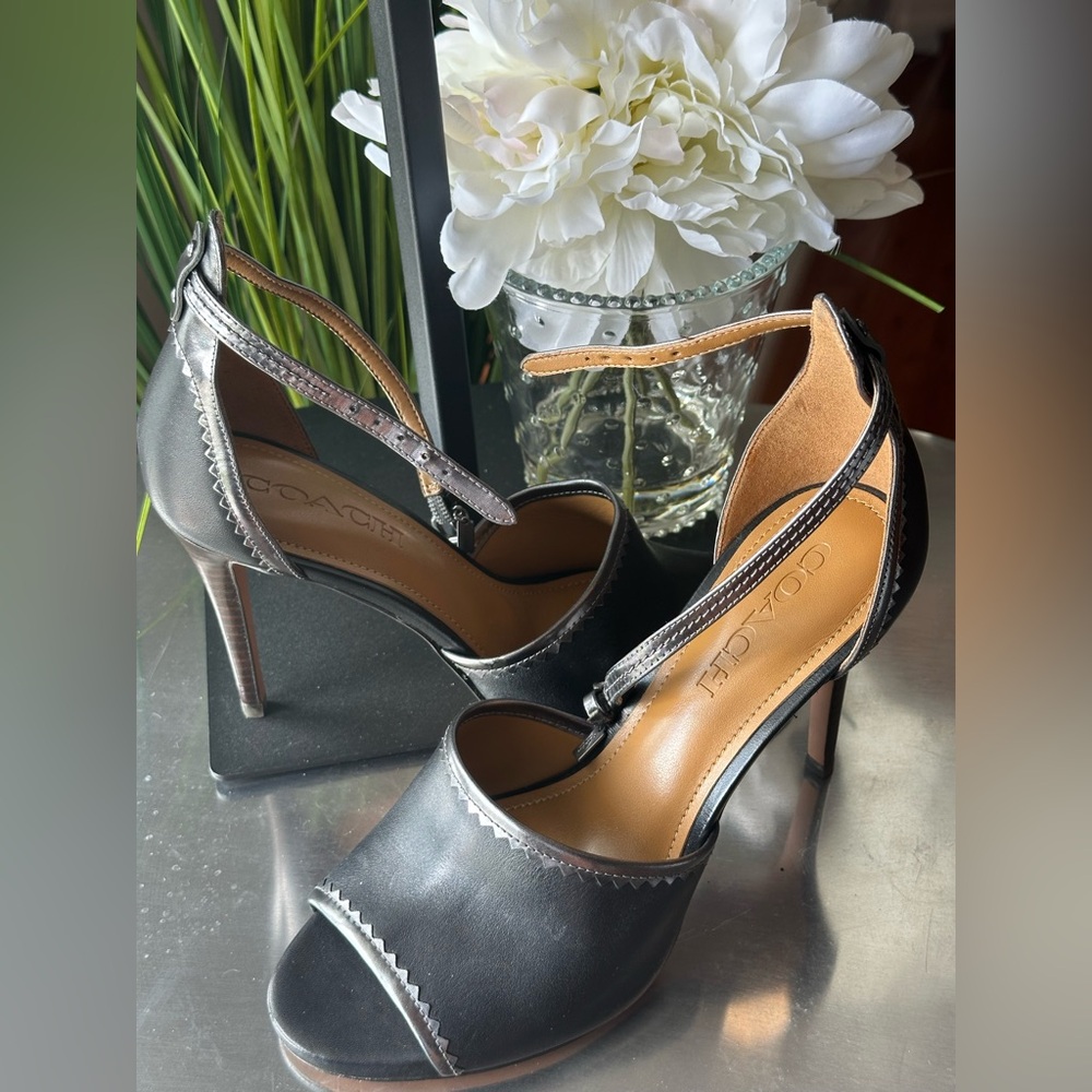 Coach Black and Silver Heels. 7.5 Designer Leather Open Toe - Picture 5 of 13